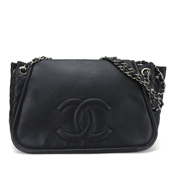 CHANEL Chain Shoulder Bag No. 14 Caviar Skin Black Coco Mark Chic Leather Bag - Picture 1 of 7